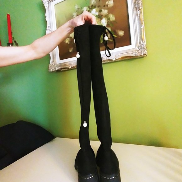 Sz 7 Black Over the knee Boot With Pearl Embellishment - Picture 3 of 9
